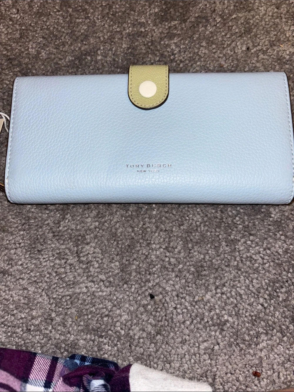 Tory Burch Light Blue Continental Wallet with Lime Snap Closure